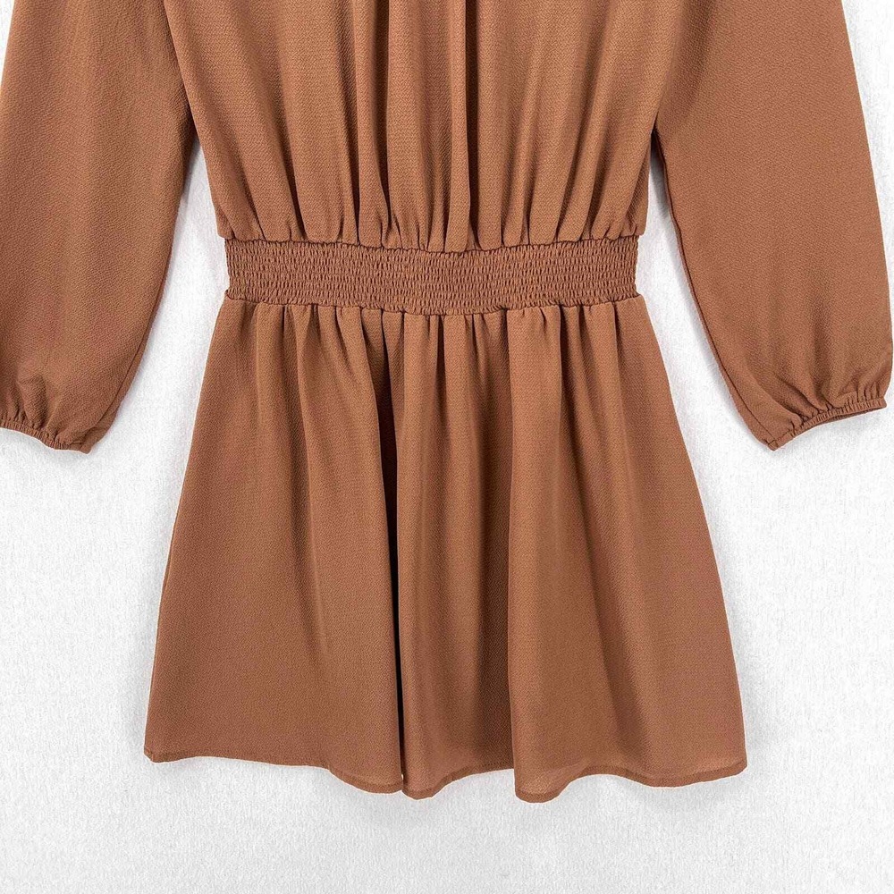 SABO SKIRT Mini Dress Women XS Brown Wrap Long Sleeve Smocked Waist Pull on - Picture 7 of 16